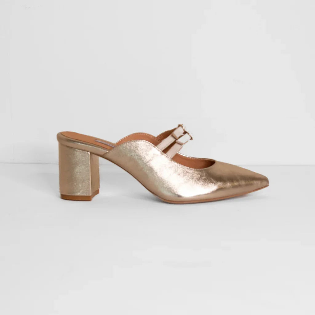 Gold metallic pointed-toe mule with block heel, handmade contemporary women's shoe